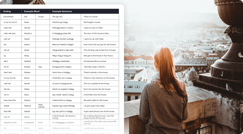 Table showing English words genealogy and a woman looking over a balcony