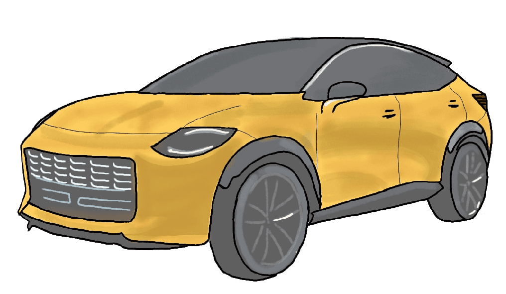 A drawing of a yellow modern sporty car.