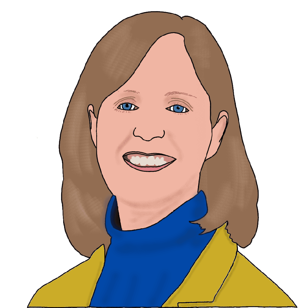 A drawing of a smiling, middle-aged white woman with shoulder-length brown hair, blue eyes, a blue turtleneck and yellow blazer.