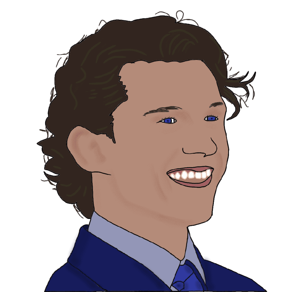A drawing of a smiling man in a blue suit with warm skin and curly brown hair.