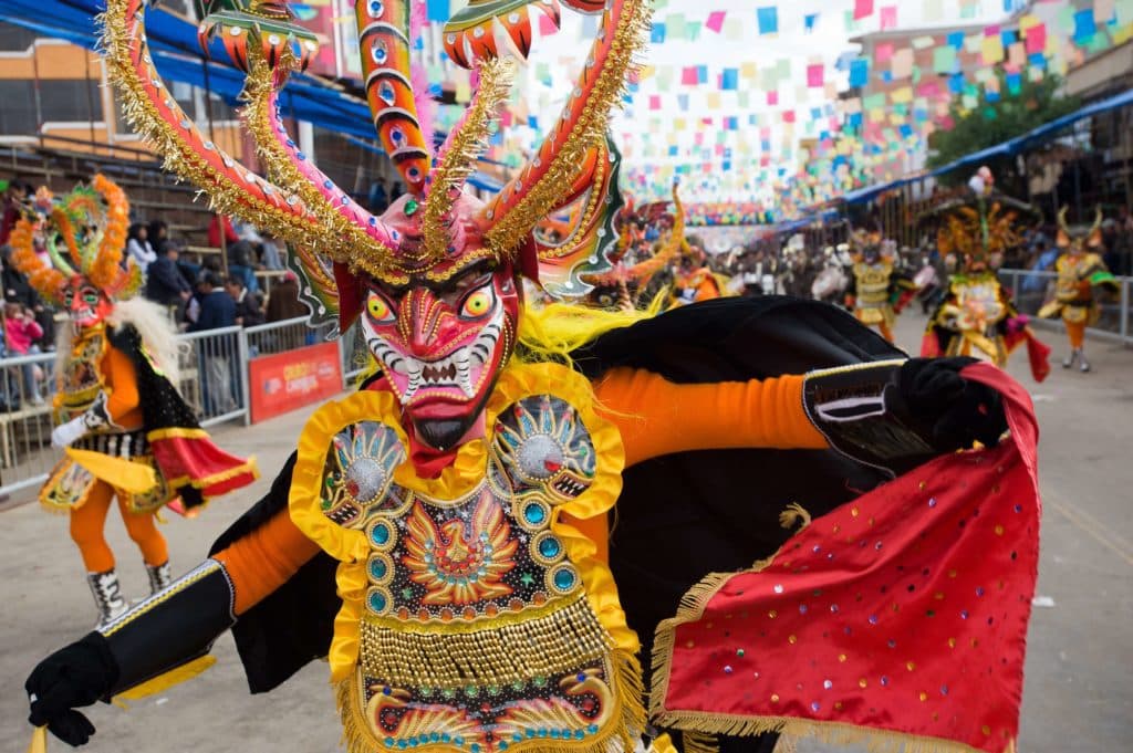 A spooky Carnival costume in a Carnival parade in Bolivia