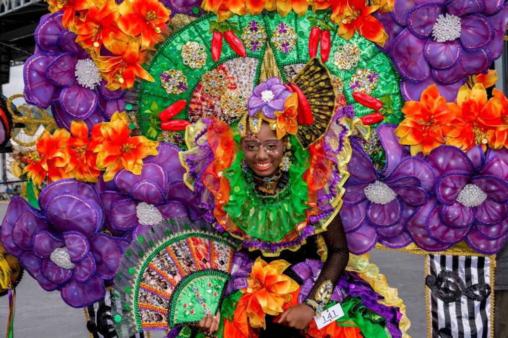 A woman wearing a costume made with big purple flowers