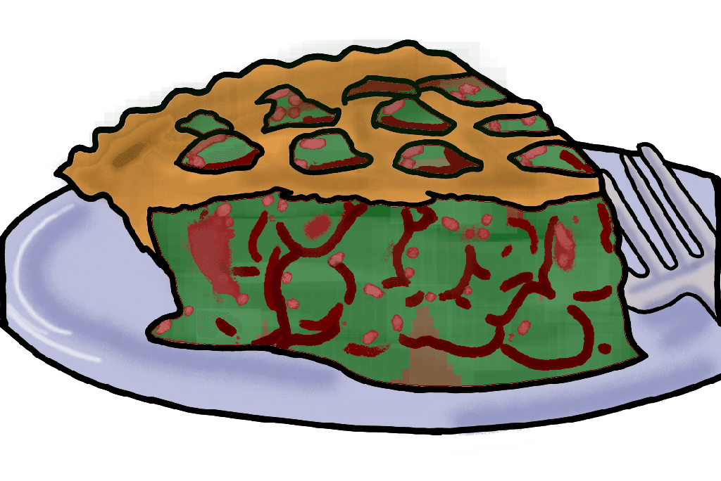 A slice of pie that looks rotten. It is oozing green and brown.