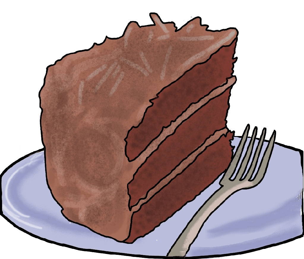 A drawing of a slice of a three-tier chocolate cake.