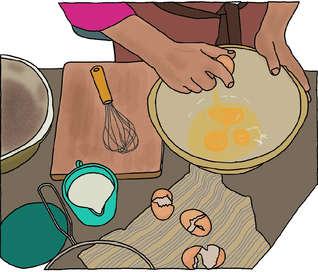 A drawing of a worktop from above. We can see someone cracking an egg into a mixing bowl. Also on the counter: a measuring cup full of milk, a rag, some egg shells, a whisk, a cutting board, a sieve, and another mixing bowl.