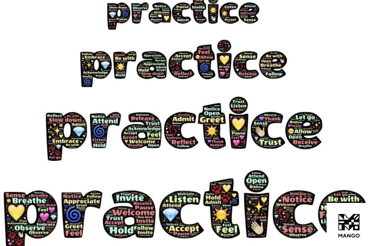 Drawing of the word practice repeated four times