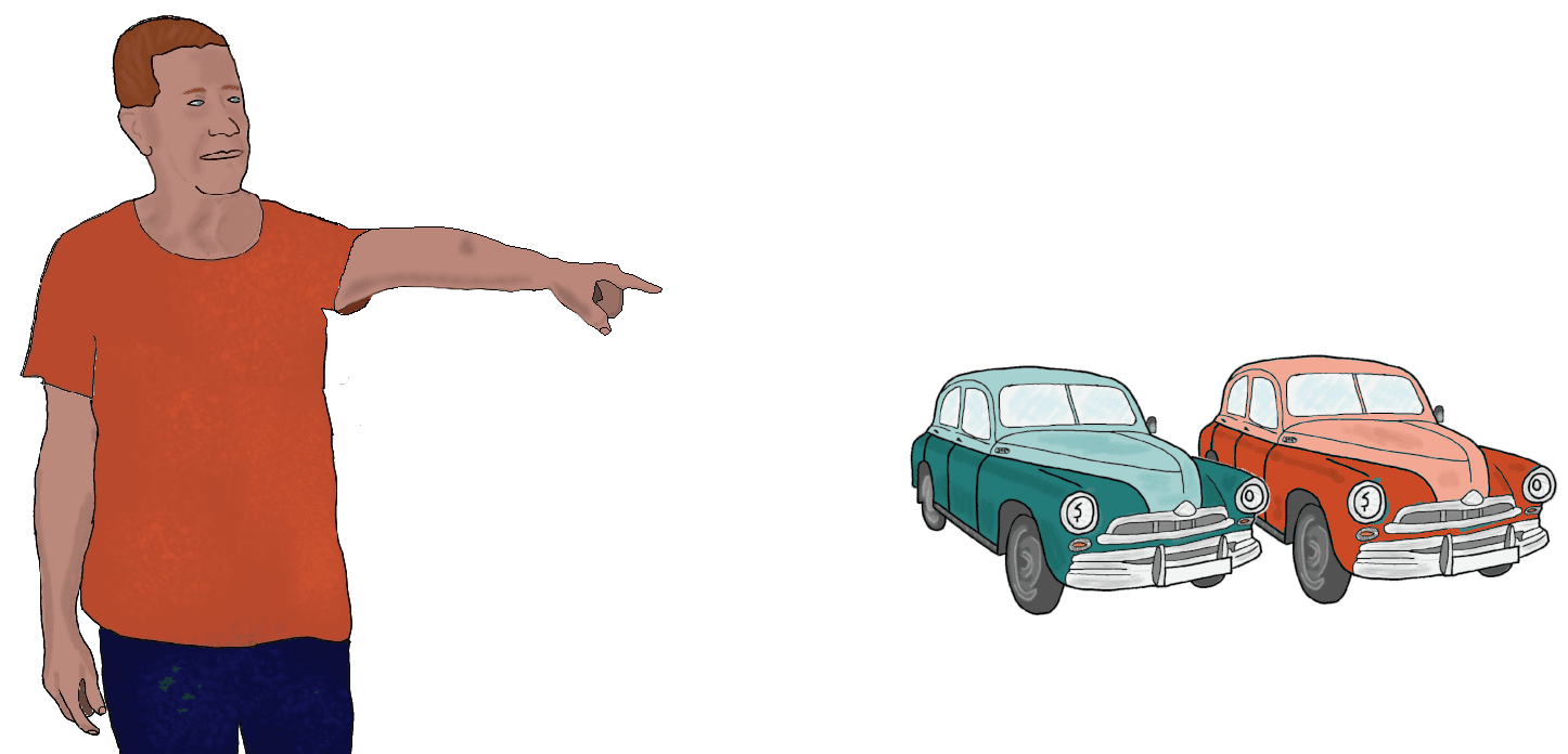 A drawing of a man in a red shirt pointing to two antique cars on the other side of the parking lot. One car is blue-green and the other is red.