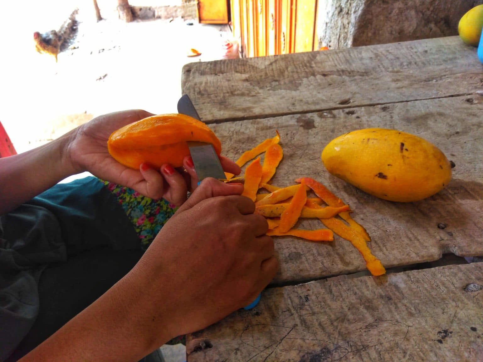 A person peeling mangos on a table