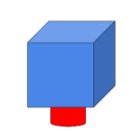 A drawing of a blue cube resting on a smaller blue cylinder.