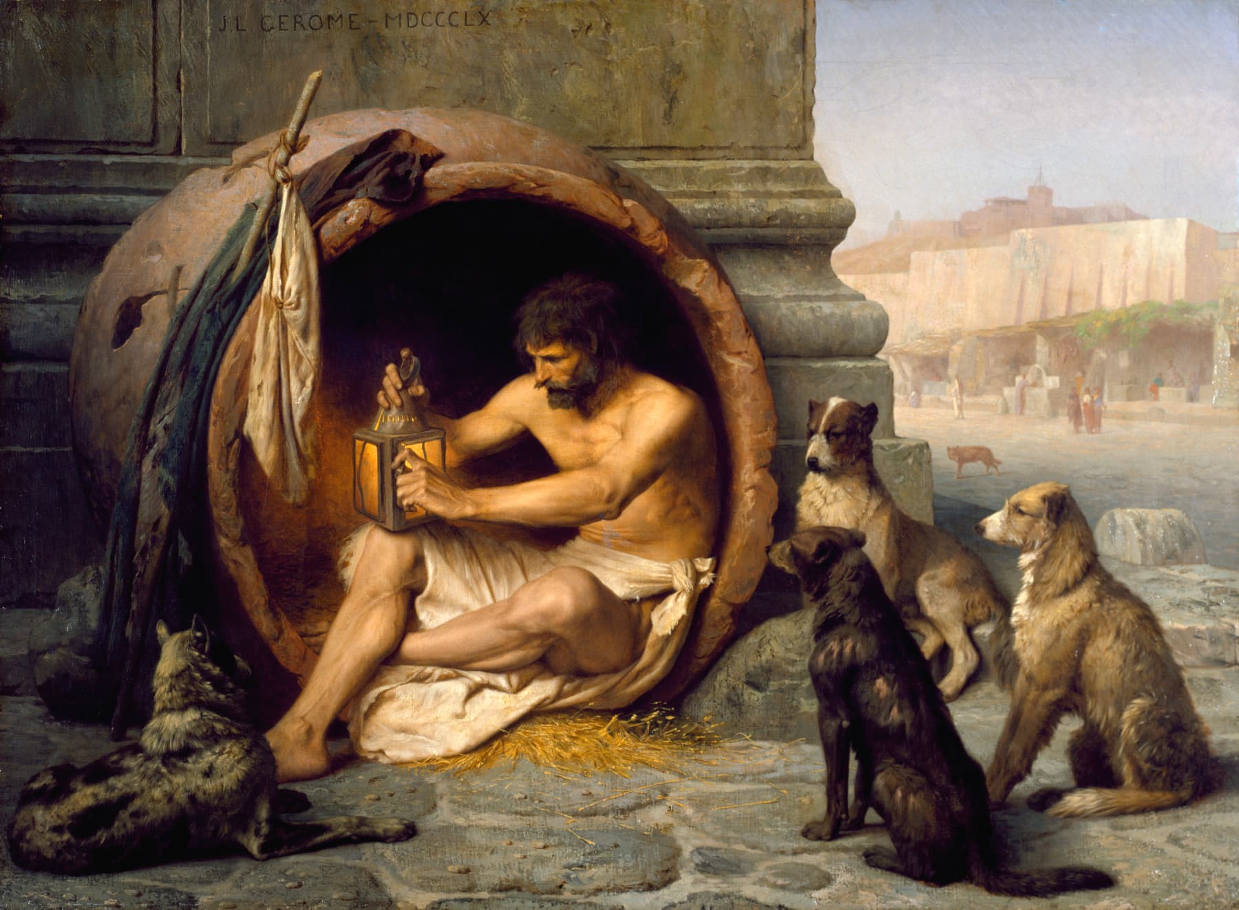 A painting of Diogenes holding a lantern. He's appears to be sheltering inside a large clay structure in an alleyway behind an Ancient Greek building and is surrounded by four stray dogs.