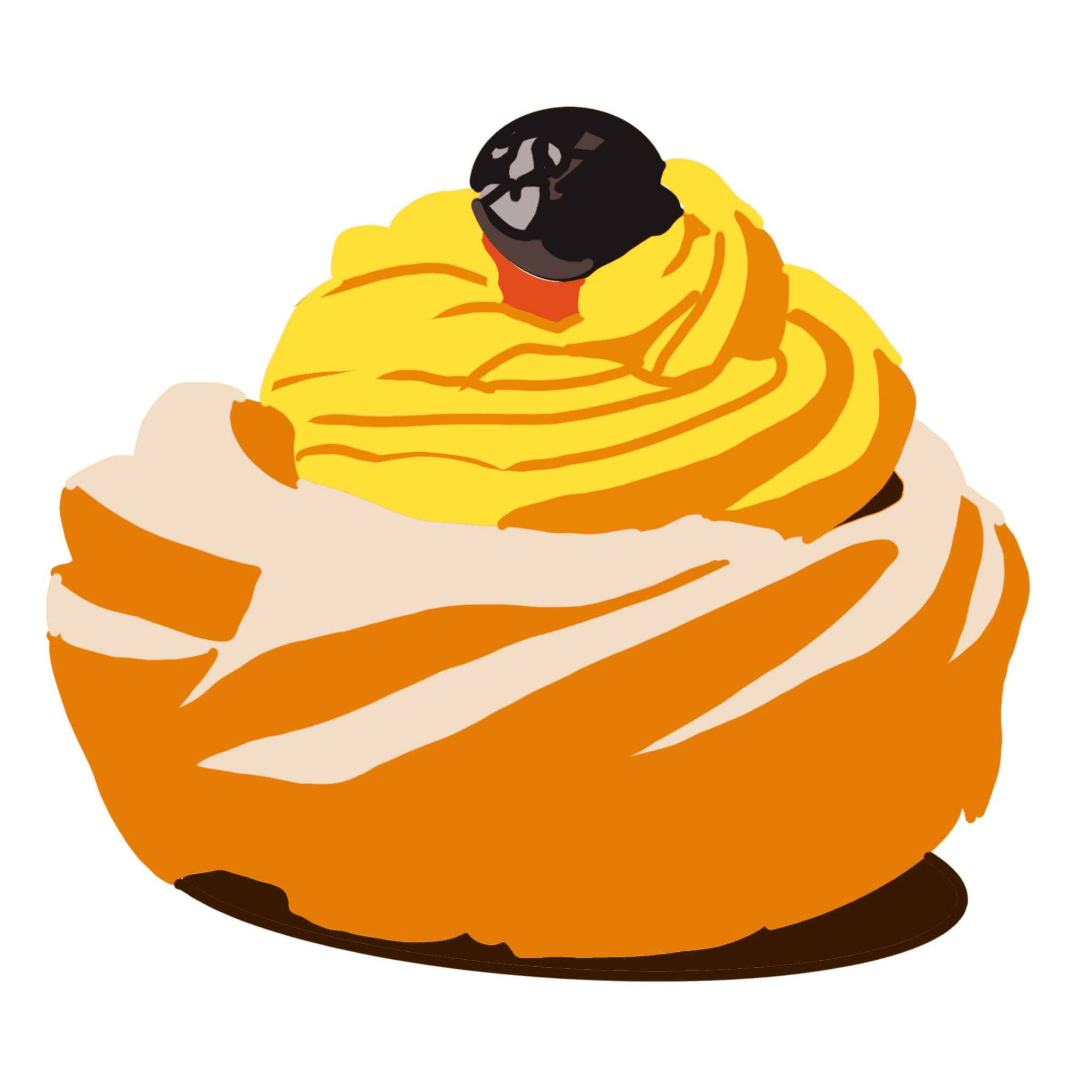 A drawing of a zeppola di san giuseppe: a spiral-shaped cream puff with a black cherry on top.
