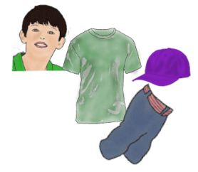 A drawing of a boy with dark hair and several articles of clothing: a moss green t-shirt, a pair of blue-gray shorts with a red-and-white striped belt, and a purple baseball cap.