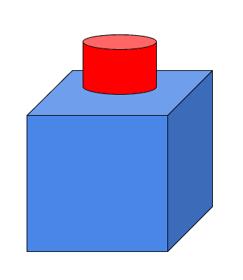 A drawing of a blue cube with a small red cylinder sitting on it, touching the top.