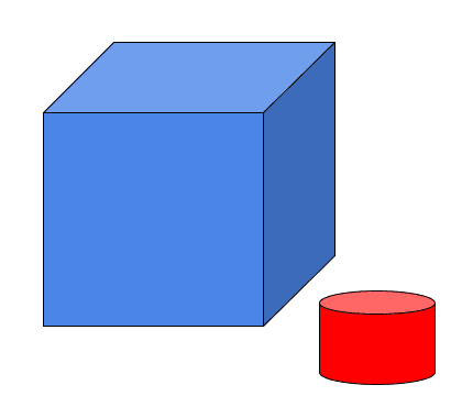 A drawing of a blue cube sitting near a red cylinder. They are on the same surface, but not sitting in a line.