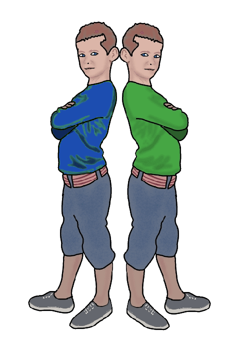 Two identical boys stand back-to-back. One wears blue, the other green. They are not very tall.