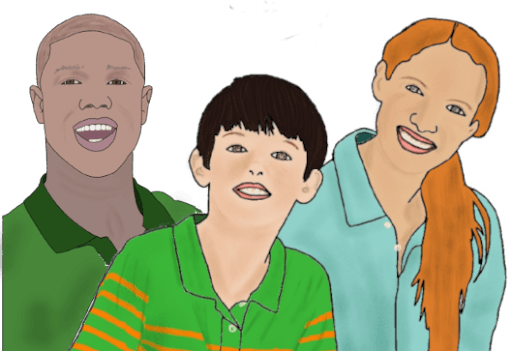 A drawing of three people. On the left a smiling black man in a green polo. On the right a smiling white woman with red hair and an aqua collared shirt. In the middle, a smiling white boy with dark hair and a green and orange polo.
