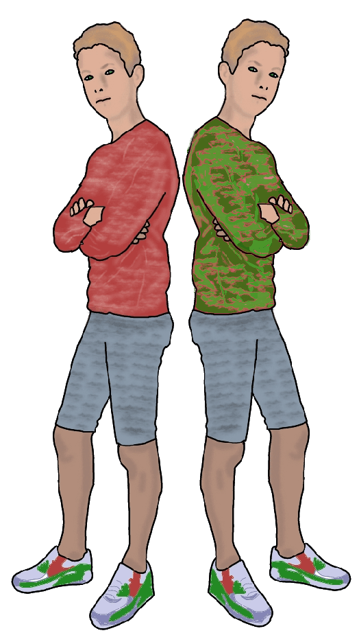Two identical teenage boys stand back-to-back. One in red, the other in green. They look long and lanky.