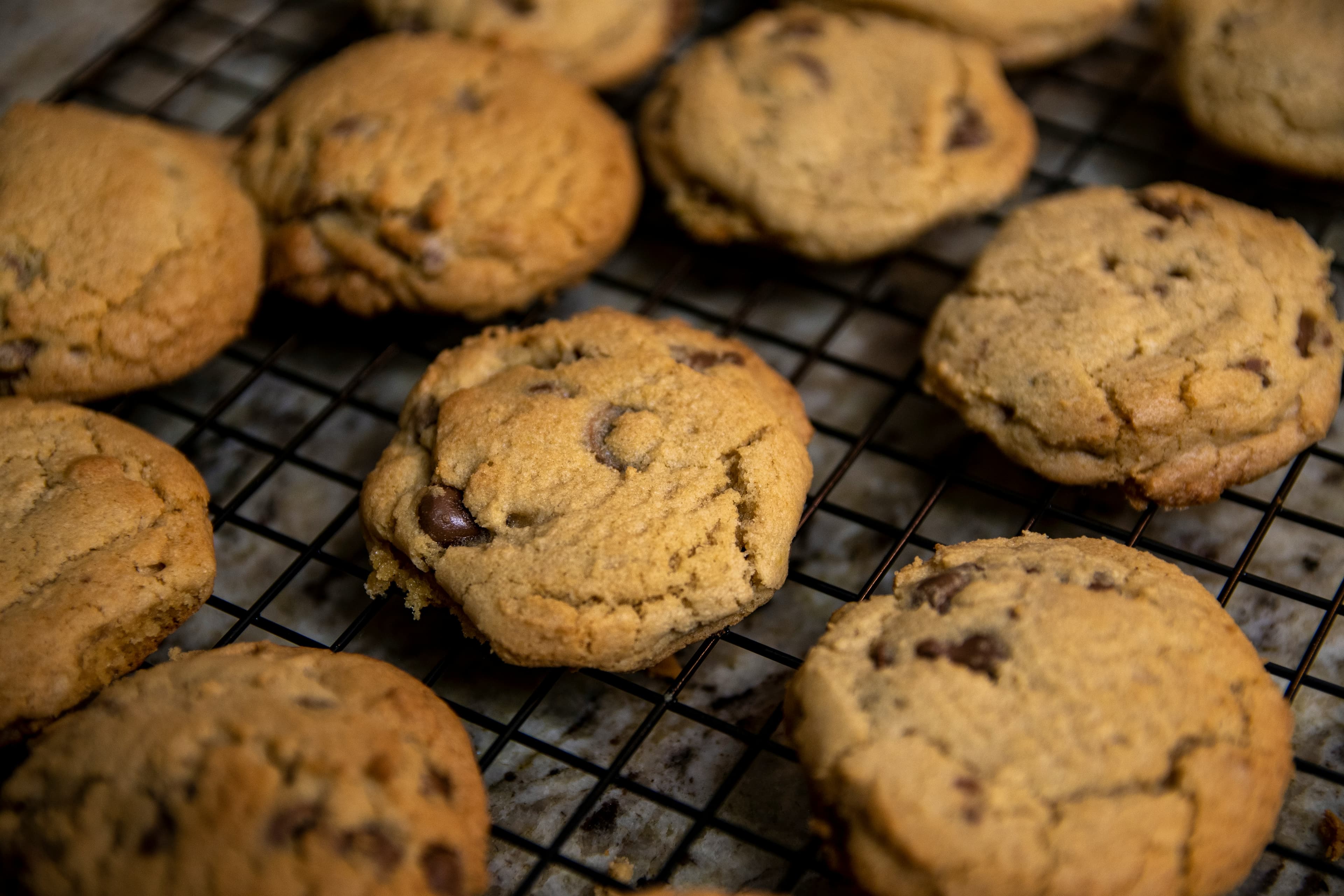 A photo of chocolate chip cookies on a cooling rack.