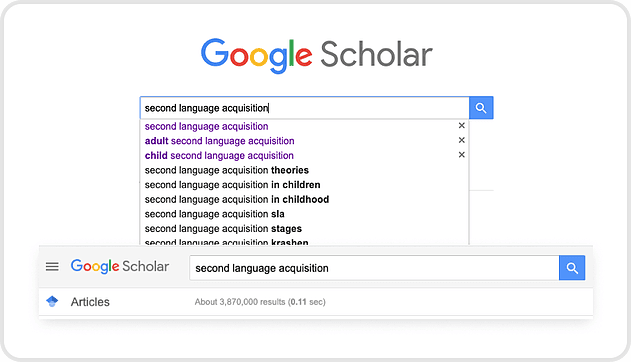 Image of a search page on Google Scholar for the topic of second language acquisition