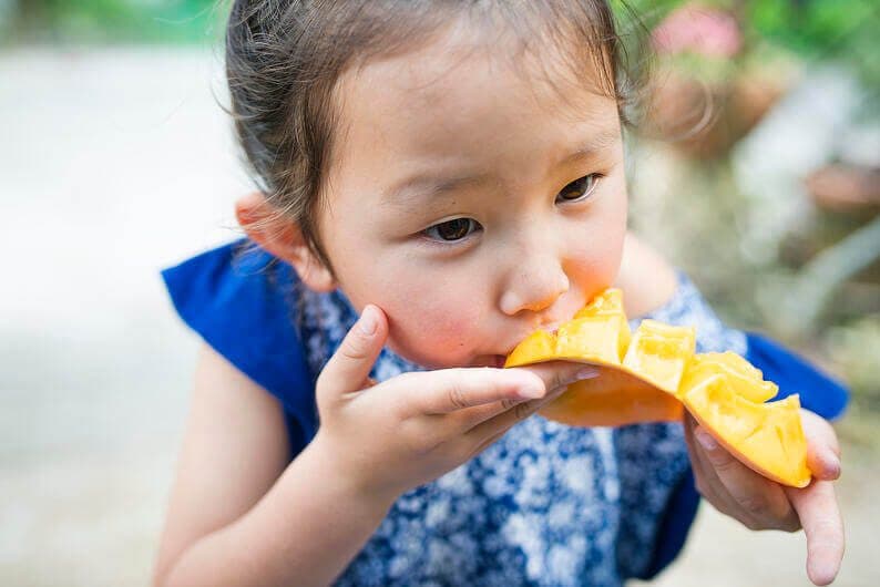 A little girl eating a mango