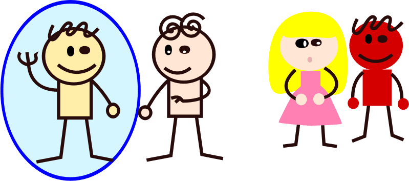 A rough graphic with four cartoonish people. On the left, two people stand close together and on the right two more people stand a little further away. In this drawing, one of the nearby people is circled, while the other points to him.