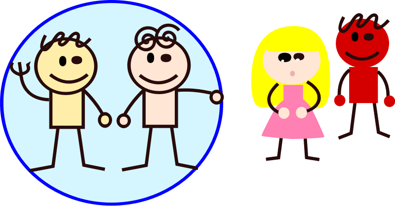 A rough graphic with four cartoonish people. On the left, two people stand close together and on the right two more people stand a little further away. In this drawing, both of the closer people are circled.