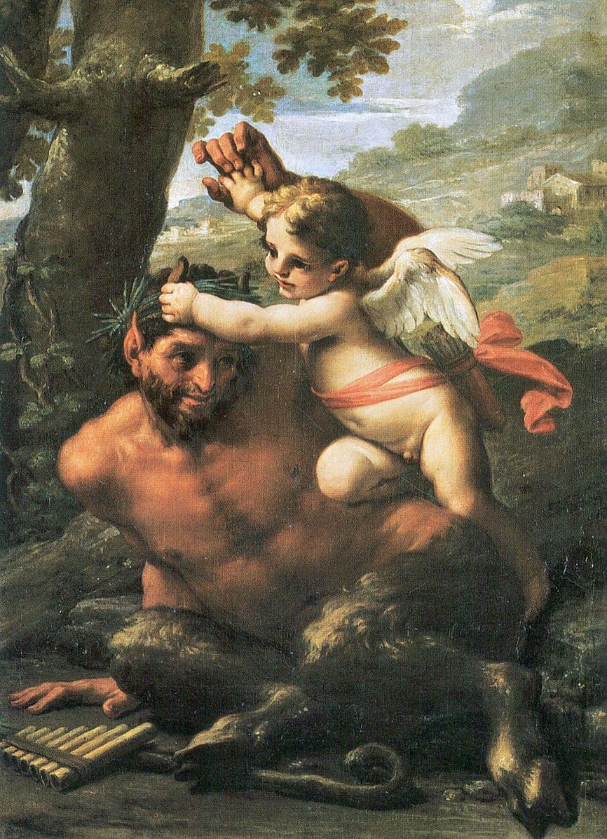 An oil painting of the god Pan, a god with the legs of a goat and the top half of a man and small goat horns, playing with a winged baby cupid. On the ground are a set of pan pipes and a shepherd's crook.
