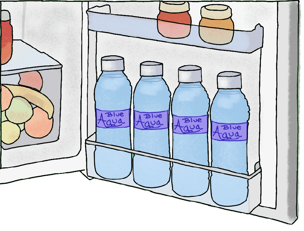 A drawing shows the bottom shelf of the open door of a small fridge, containing four bottles of water.