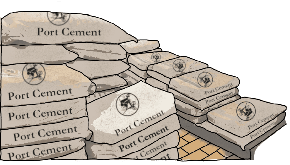 A drawing of a large number of bags of cement, stacked on top of each other.