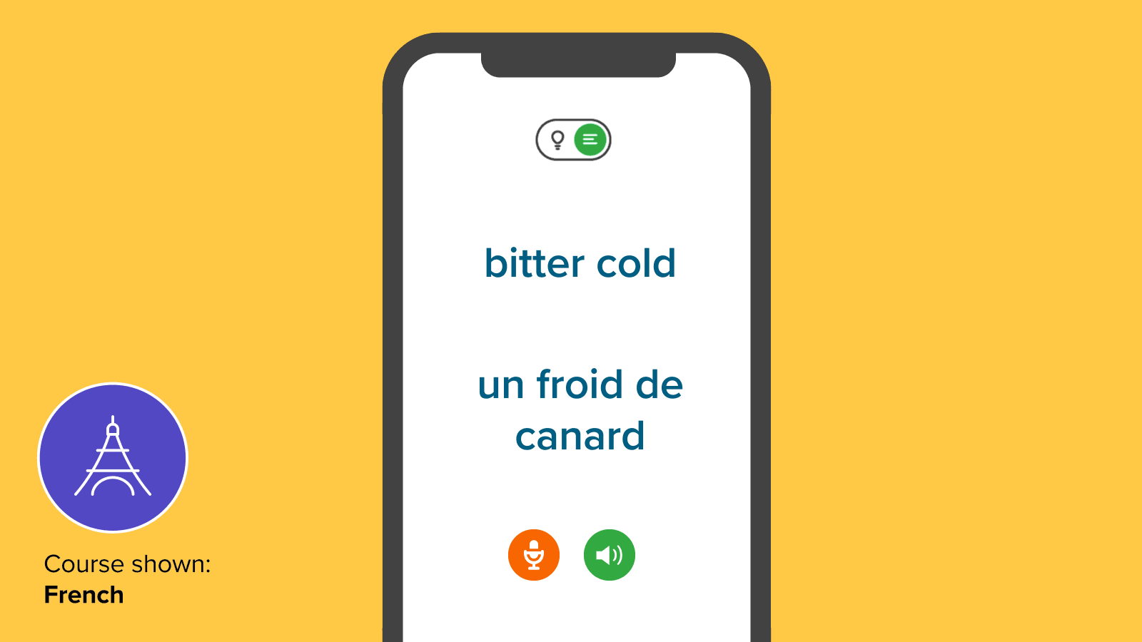 A Mango French lesson showing the expression 'un froid de canard' beside its meaning, 'bitter cold'