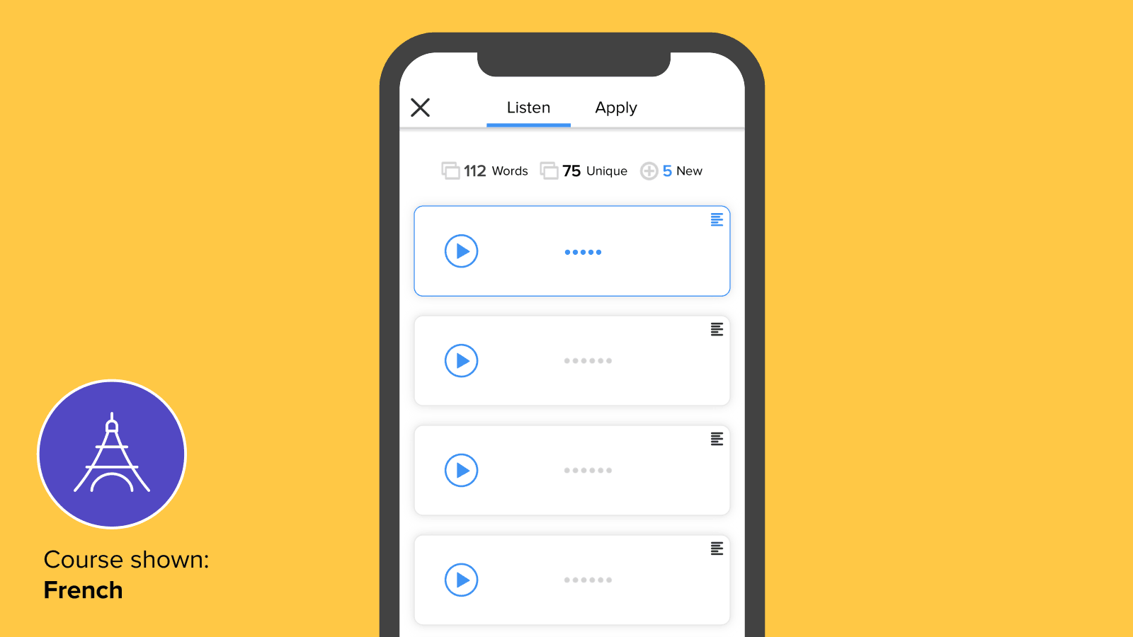 A Mango French listening exercise, each line replayable on its own