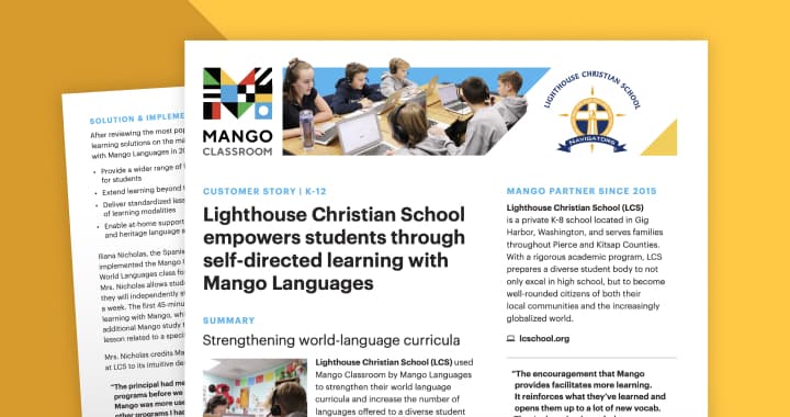 Cover of the Lighthouse Christian School case study: 'Lighthouse Christian School empowers students through self-directed learning with Mango Languages'