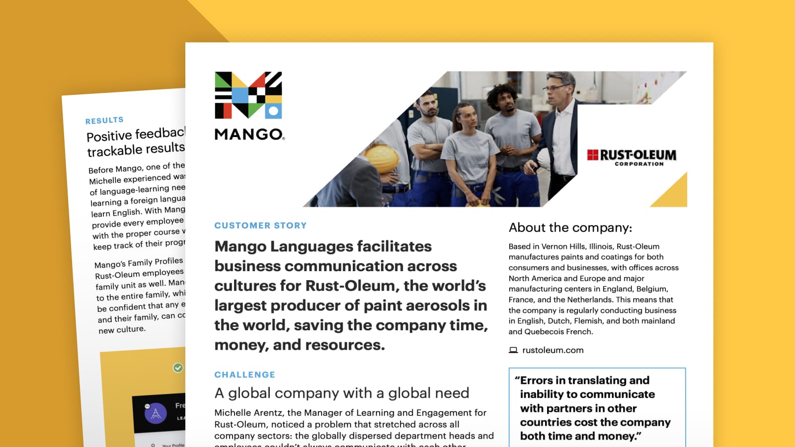 Cover of the Rust-Oleum case study: 'Mango Languages facilitates business communication across cultures for Rust-Oleum'