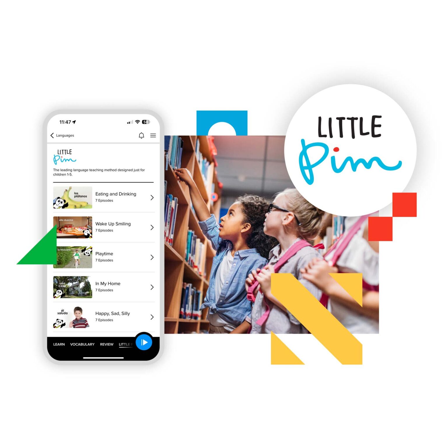 The Little Pim episode list in the Mango app, beside children choosing books from a library shelf.