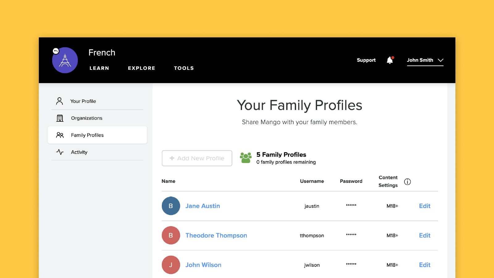 The Mango Family Profiles screen, where one account covers up to five household members