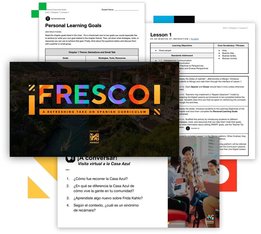 A stack of Fresco materials: the branded title slide, a Personal Learning Goals worksheet, a Lesson 1 teacher page listing objectives and core vocabulary, and a conversation activity.