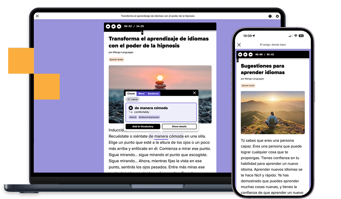 A Mindware audio session open on a laptop and a phone, each showing the Spanish script alongside a player and a tapped phrase expanded to its English meaning