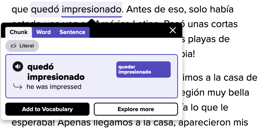 A Spanish passage with the phrase quedó impresionado expanded to show its meaning, he was impressed, above buttons to add it to vocabulary or explore more