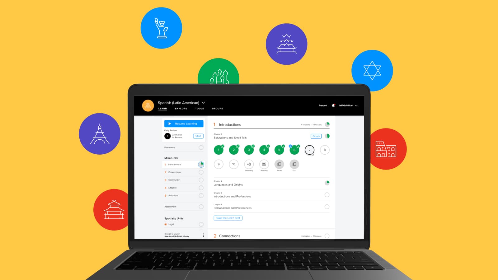 The Mango course catalog open on a laptop, ringed by icons for the languages it covers