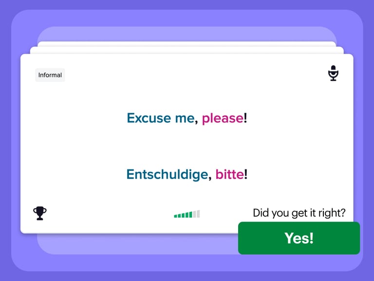 A Mango review card checking an English phrase against its German translation