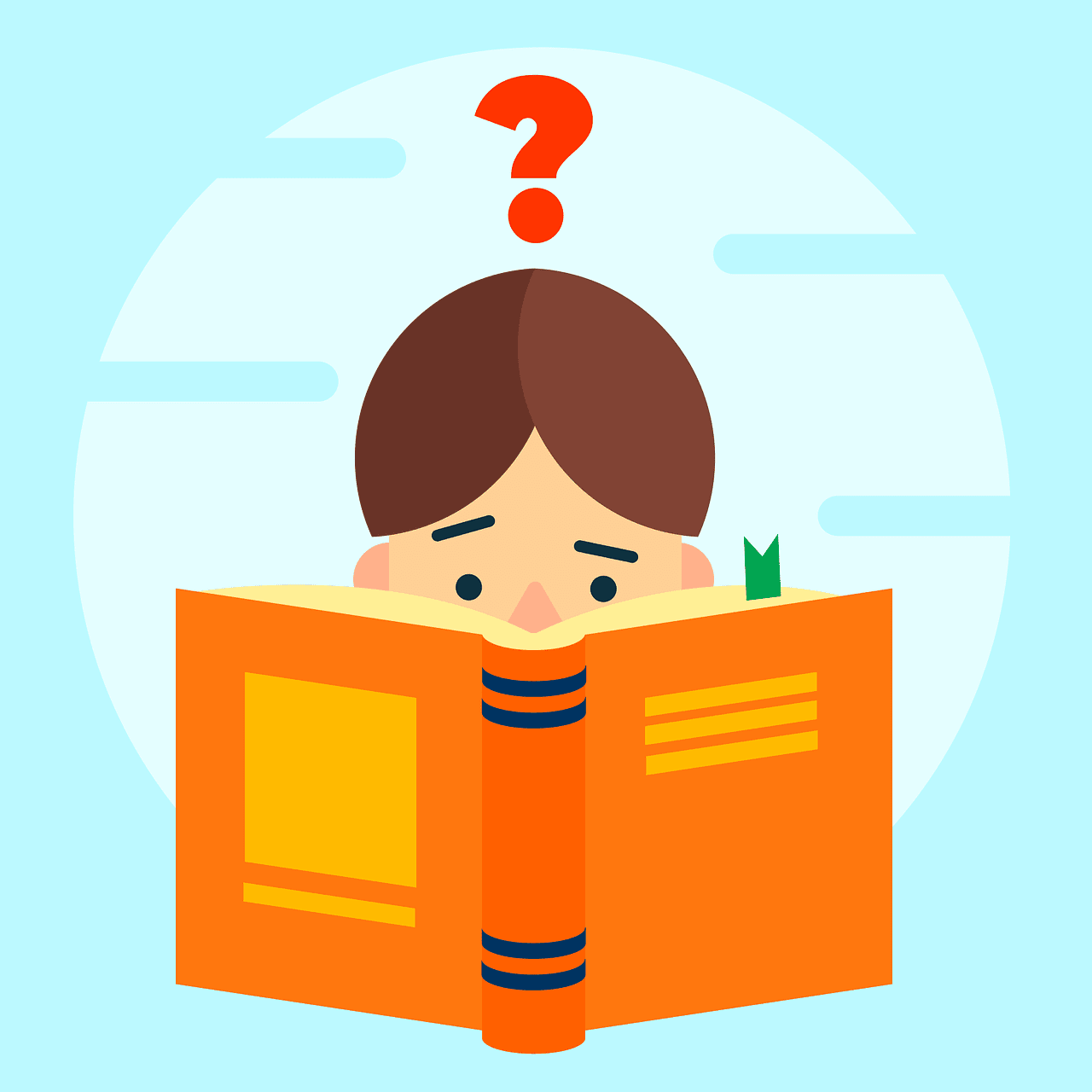 A stylized image of a person studying on a book with a question mark over their head.