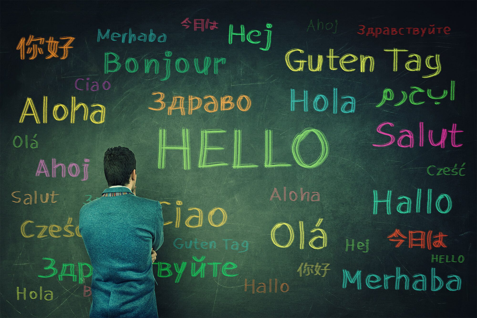 An image of the word "hello" on a blackboard in different languages.